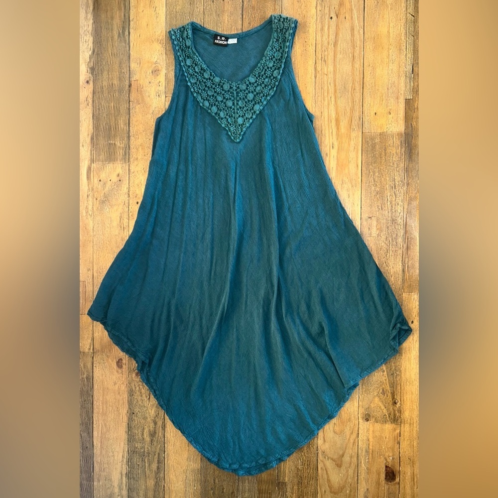 SR Fashion Teal Lace Trim Tunic Dress Asymmetrical Swim Coverup Boho - Picture 2 of 10